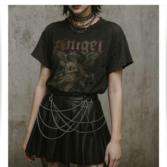 Forever 21 Black Pleated Faux Leather Chain Skirt Size M Goth - Picture 1 of 9